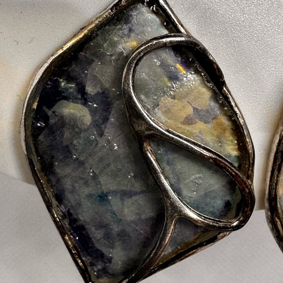 Vtg URI RAMOT Earrings ISRAEL 950 Silver Modernist Antique Roman Glass Clip on - Picture 12 of 17